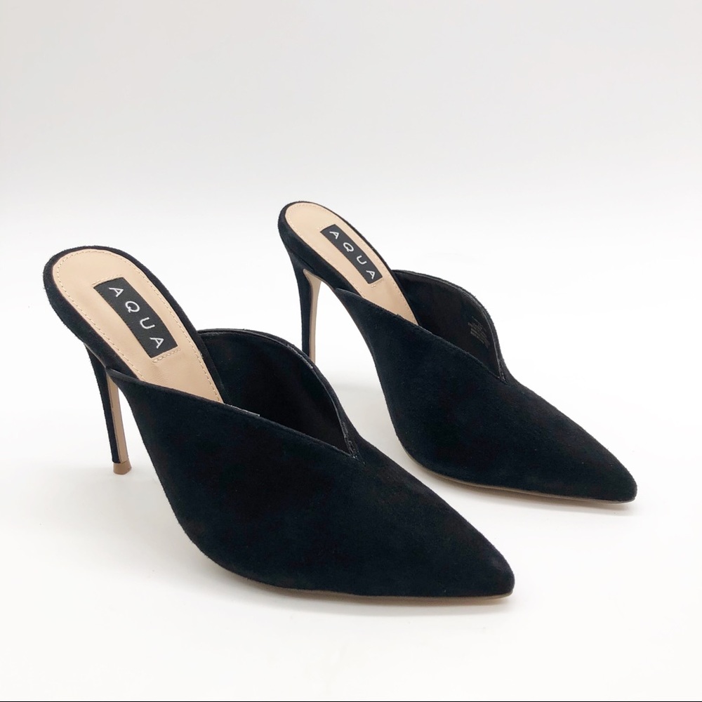 AQUA Flare Suede Pointed Toe High-Heel Mules